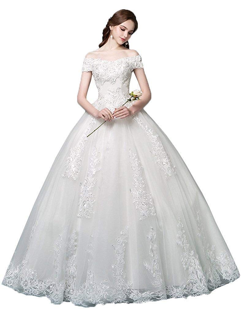 Women's Lace Applique Off The Shoulder Bridal Ball Gown