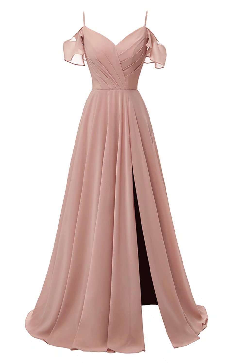 Women's V Neck Bridesmaid Dresses Long Chiffon Ruffle Sleeve Formal Evening Wedding Party Dress with Slit