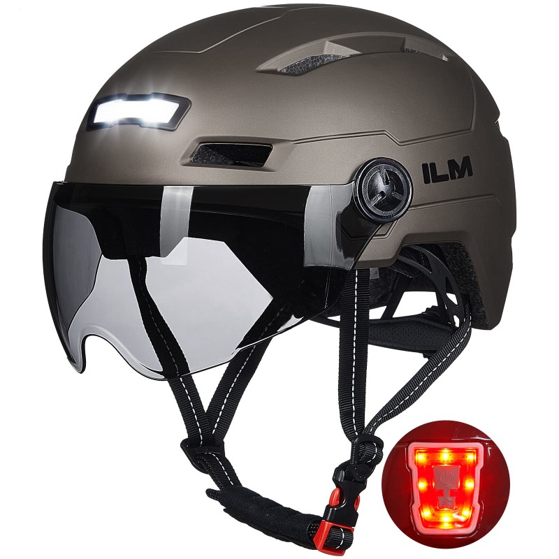 ILM Adult Bike Helmet with USB Rechargeable LED Front and Back Light Mountain&Road Bicycle Helmets for Men Women Removable Goggle Cycling Helmet for Commuter Urban Scooter(Titanium, Large/X-Large)
