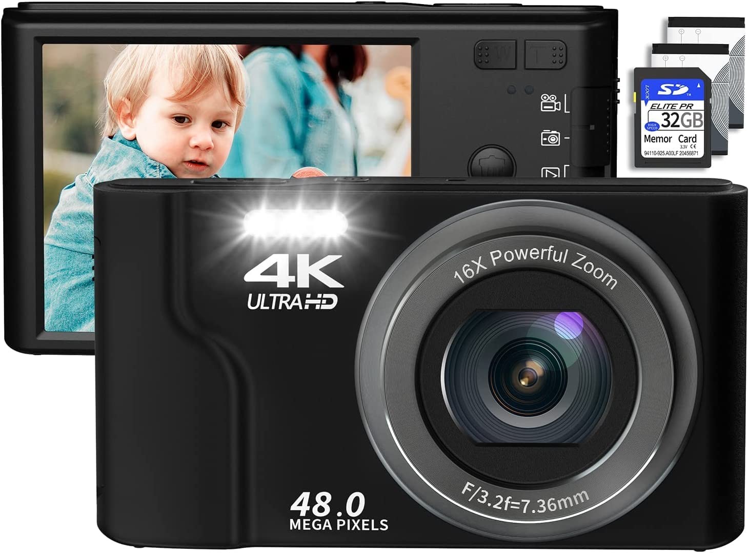 Saneen Digital Camera, 4K Cameras for Photography, 48MP Compact Point and Shoot Photography Cameras for Teens, Kids, Elder, Beginners, 16X Digital Zoom, with 32GB SD Card & 2 Batteries - Black