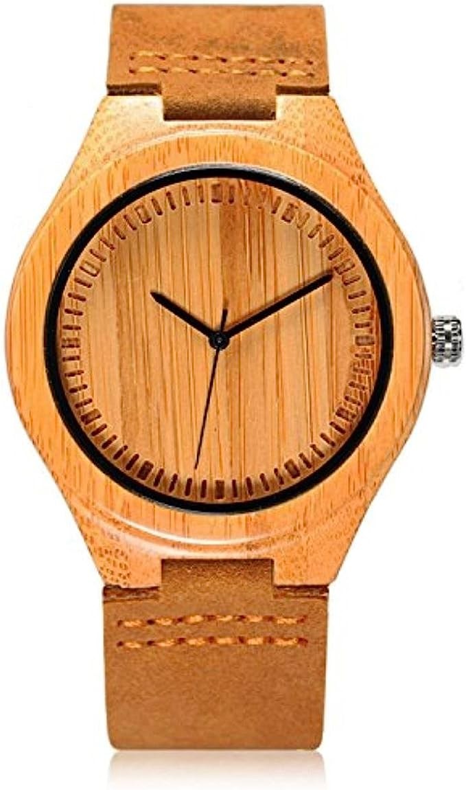 CUCOL Men's Bamboo Wooden Watch with Brown Cowhide Leather Strap Japanese Quartz Movement Casual Watches