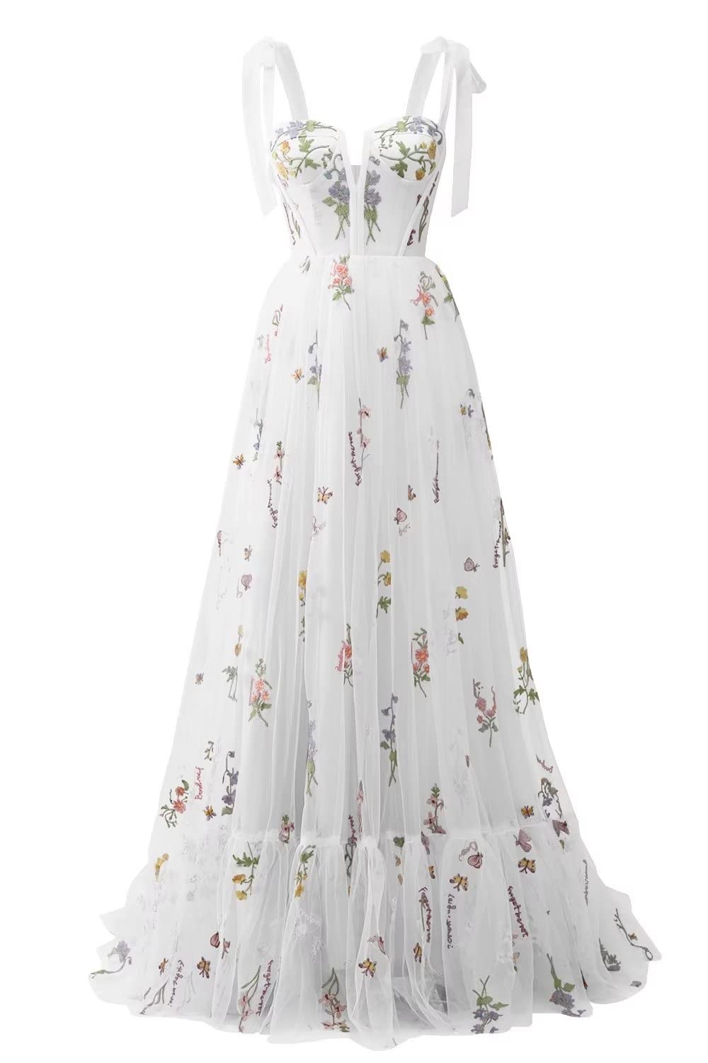 Women's Prom Dresses Sweetheart Spaghetti Strap Flower Embroidery Tulle Floor Length Formal Evening Party Dresses