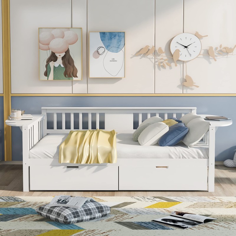 Harper & Bright Designs Daybed with Two Drawers, Wood Full Size Sofa Bed Frame with Small Table, Storage Daybed for Bedroom, Living Room (White,Full with Drawers)