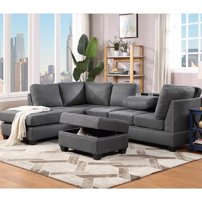 ODC 104.5” Velvet Sectional Sofa with Chaise Lounge,L Shaped Couch Set with Storage Ottoman and Two Cup Holders for Living Room Corner Furniture, Grey