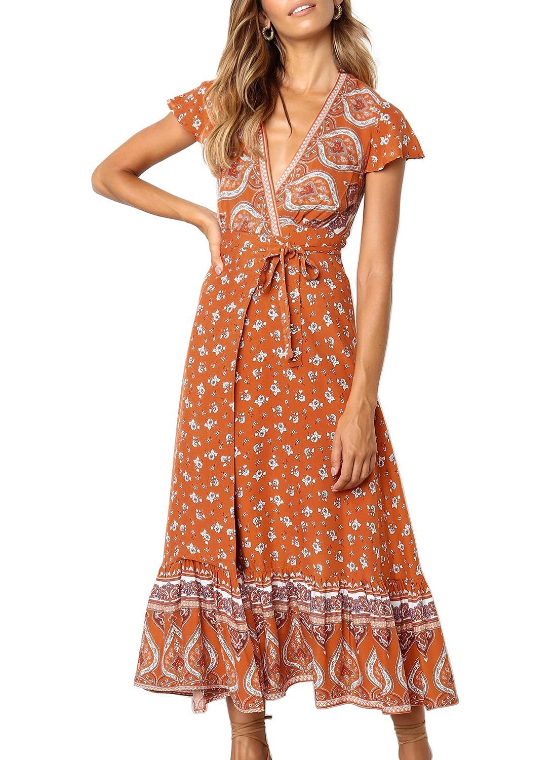 Women's 2023 Bohemian Floral Printed Wrap V Neck Short Sleeve Split Beach Party Maxi Dress