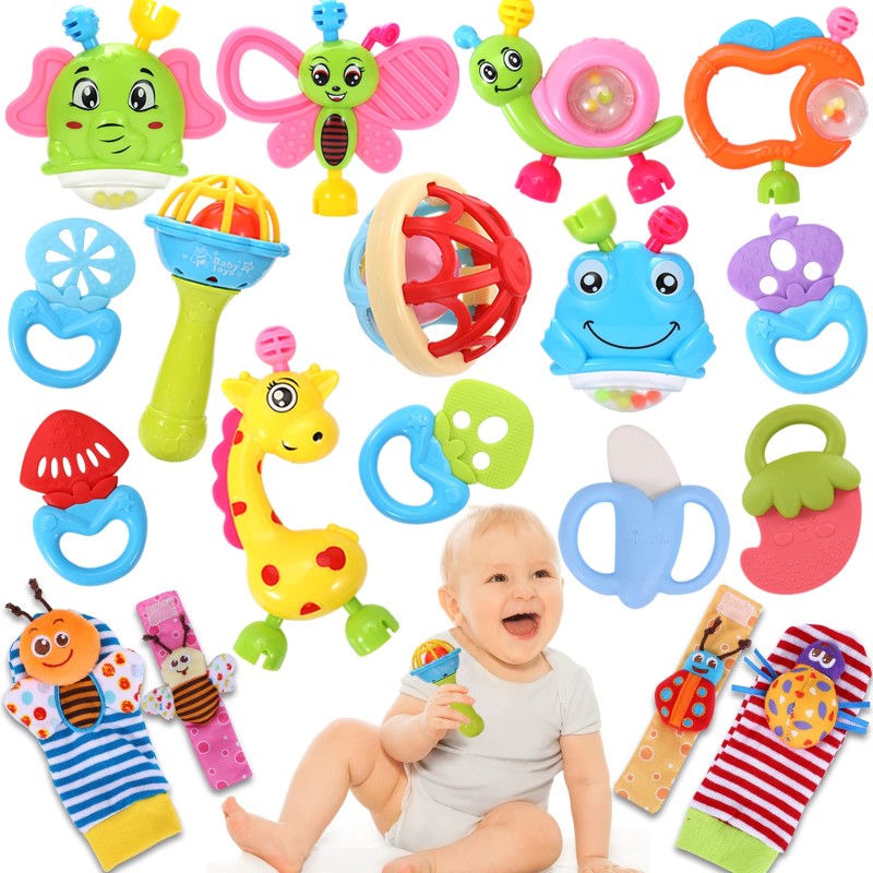 AZEN 18Pcs Baby Rattles Toys for 0-12 Month, Infant Newborn Toddler Toys for 0-6 Months, Baby Toys for 6 to 12 Months, Girl Boy Gifts Set with Teethers and Wrist Socks