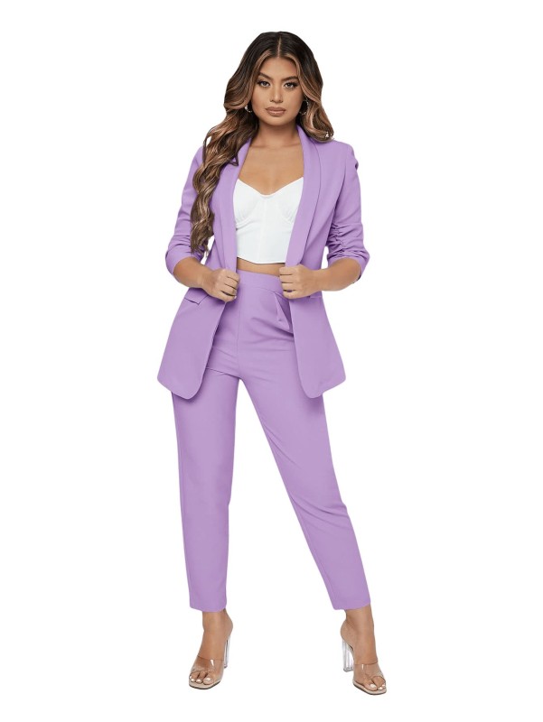 Women's 2 Piece Solid Ruched Sleeve Blazer and Pants Business Office Suit Set
