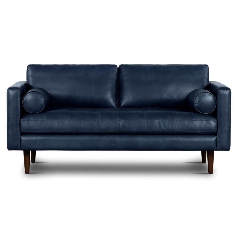 POLY & BARK Napa 72" Apartment Sofa in Full-Grain Semi-Aniline Italian Tanned Leather in Midnight Blue