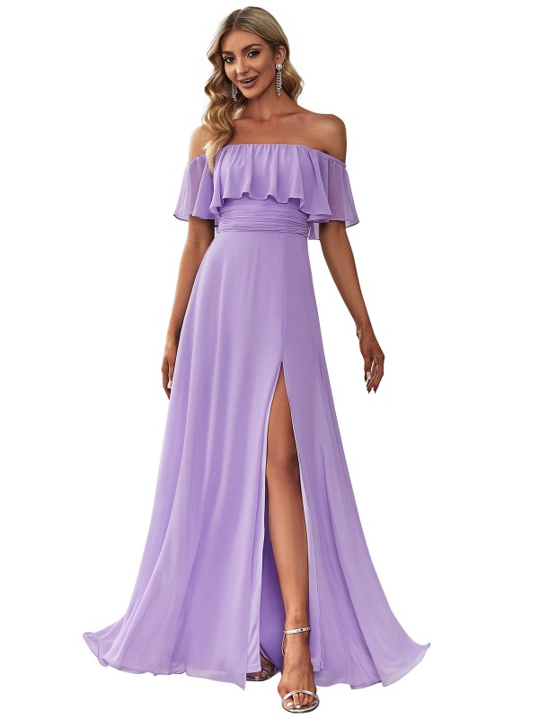 Womens Off The Shoulder Ruffle Party Dresses Side Split Beach Maxi Dress 07679