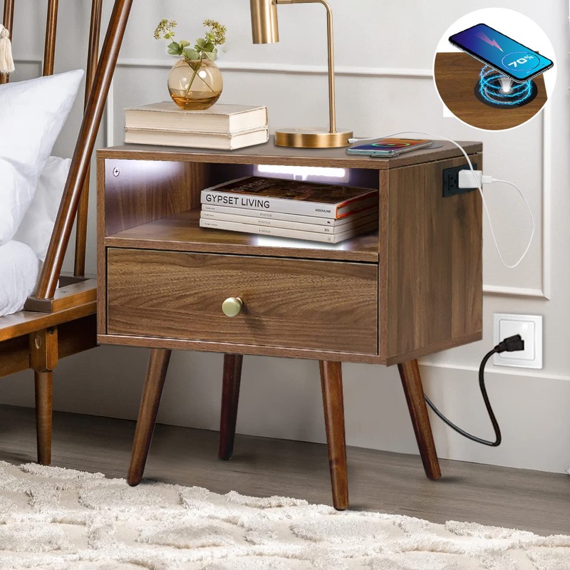 Nightstand with Charging Station and Led Lights, Mid Century Modern Nightstand with Wireless Charger, Wooden Bedside Storage Cabinet for Bedroom, Large Single Drawer & an Open Shelf, Walnut