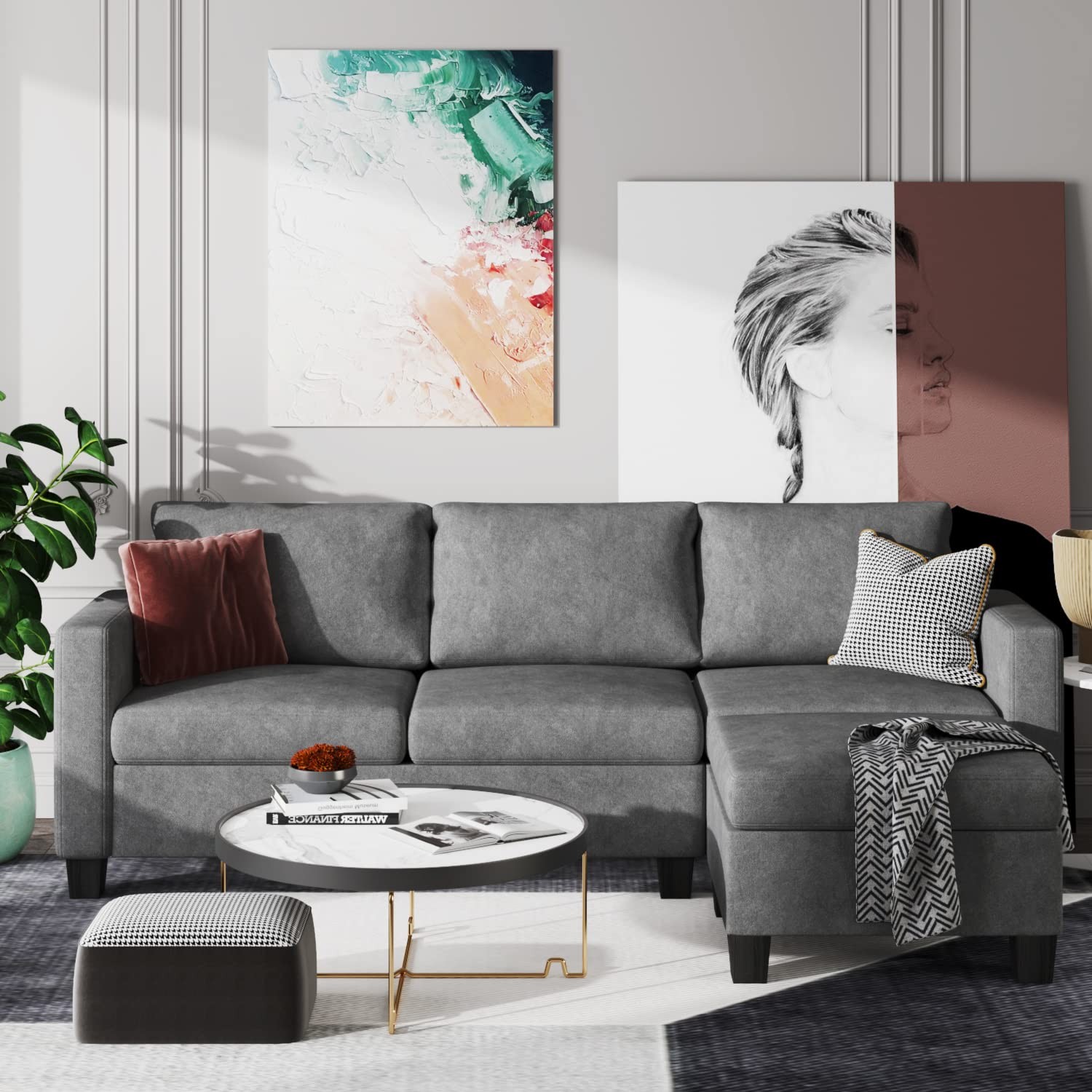 YESHOMY Convertible Sectional Sofa with Comfortable Backrest,L-Shaped Couch with Modern Cotton Fabric for Living Room, Dark Gray