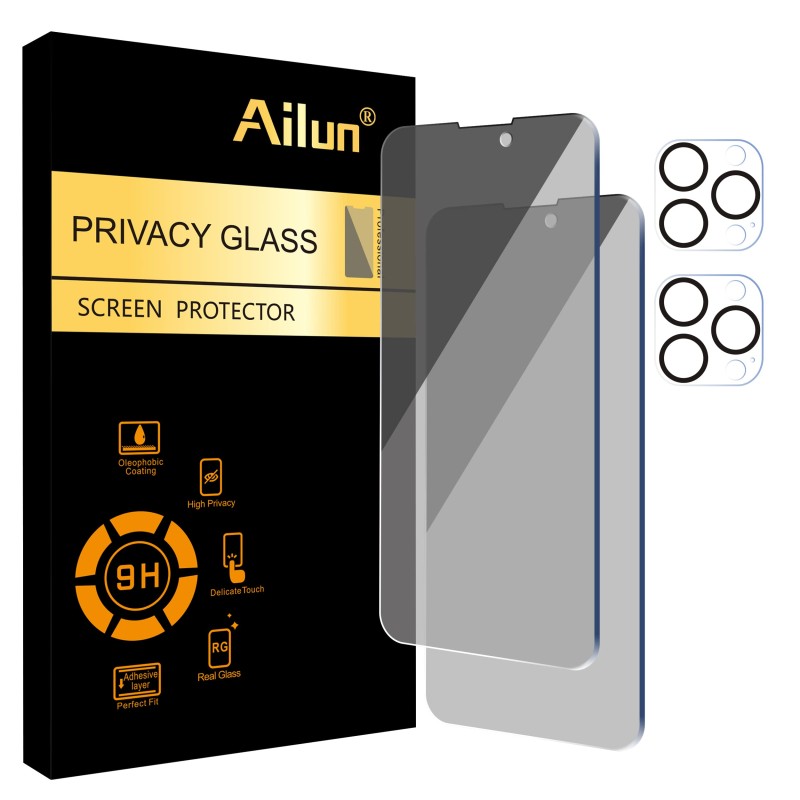 Ailun 2Pack Privacy Screen Protector for iPhone 14 Pro Max[6.7 inch] + 2 Pack Camera Lens Protector, Sensor Protection, Dynamic Island Compatible, Anti Spy Private Tempered Glass Film, Case Friendly, 