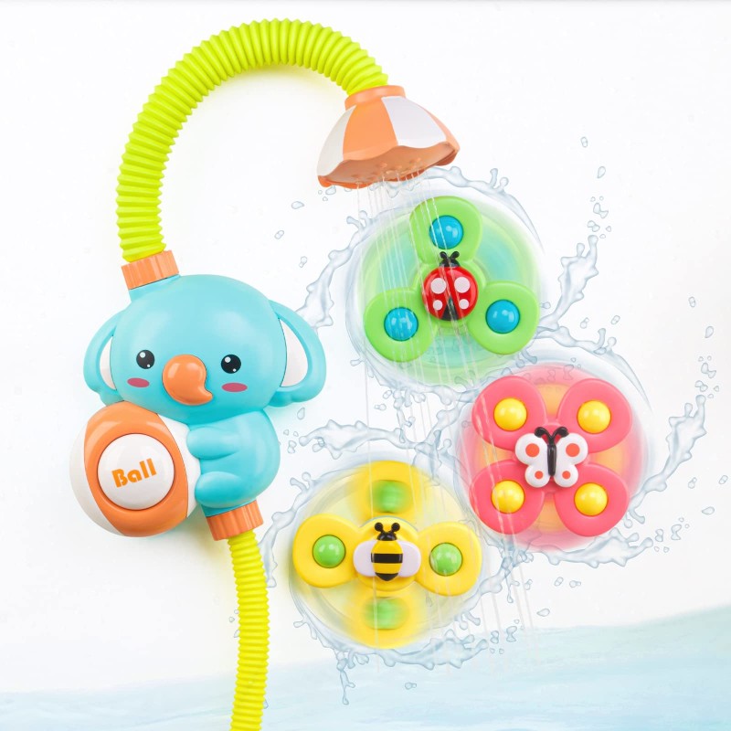 Tiyol Baby Bath Toys, Automatic Shower & 3 Suction Spinners, Toddler Bathtub Time Essentials Water Pump Spray Fun Baby Gifts Birthday Christmas Infant Kids Boys Girls