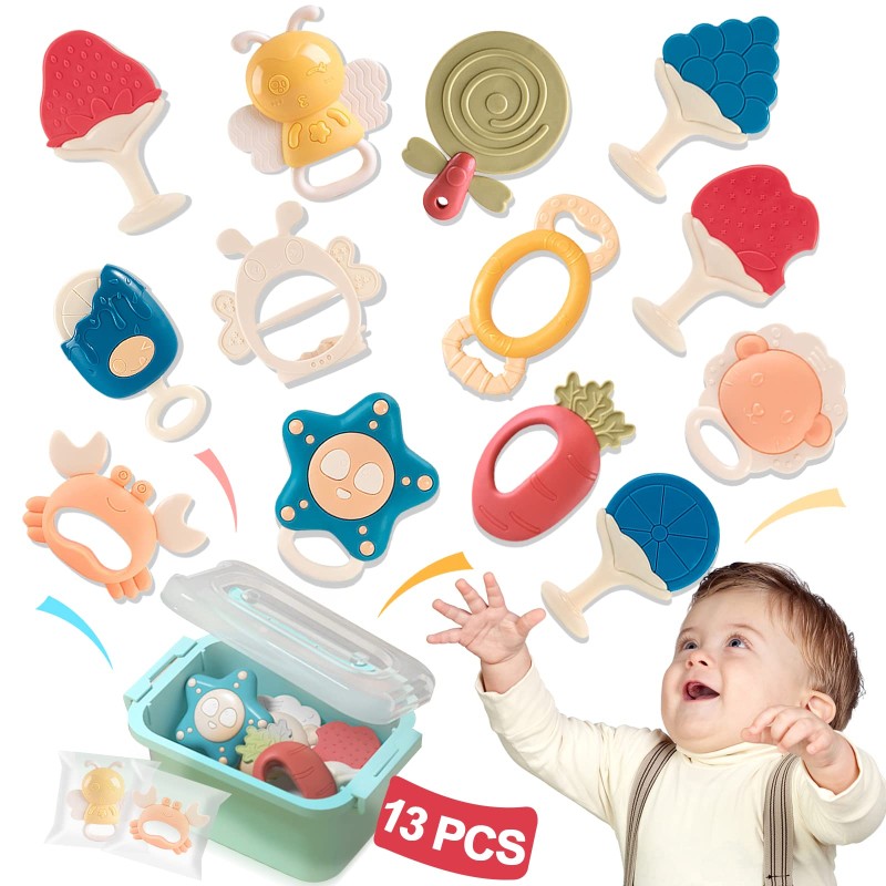 Baby Rattle Teething Toys,Infant,Newborn Teether Gift Set (13 pcs) w Storage Box for 0-3-6-9-12 Months Boys Girls,Montessori Developmental Sensory Soft Silicone Chewing Grab Shaker,New Born Essentials