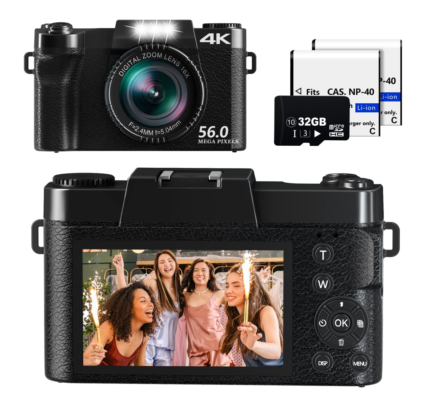 Saneen Digital Camera, 4K & 56MP Cameras for Photography, Small & Compact Vlogging Video Camera for Teens, Kids, Beginners, Equipped with 16X Digital Zoom, 32GB SD Card & 2 Rechargeable Batteries