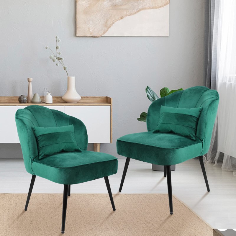ECOMEX Velvet Accent Chair Set of 2,Velvet Accent Chair Modern Tufted Wingback Club,Comfy Wingback Single Sofa for Small Space,Upholstered Leisure Chairs with Metal Legs for Bedroom (Green)