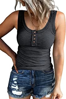 Women Tank Tops Summer Casual Ribbed Sleeveless Basic Cami Top Slim Henley Button Down Blouses