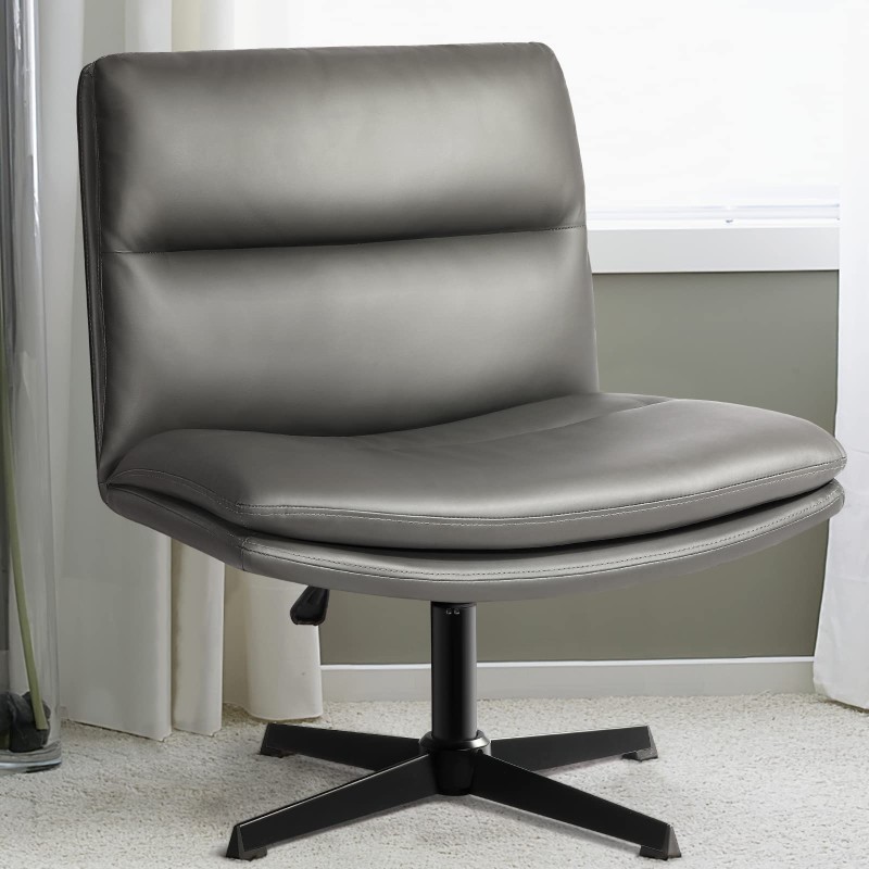 LEMBERI PU Leather armless Office Desk Chair no Wheels,Criss Cross Legged Home Office Chair, Wide Padded Swivel Vanity Chair,120°Rocking Mid Back Ergonomic Computer Task Chair for Make Up,Small Space