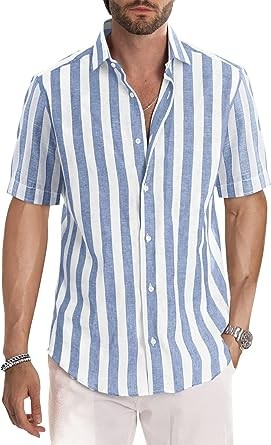 JMIERR Men's Casual Stylish Short Sleeve Button-Up Striped Dress Shirts Cotton Shirt