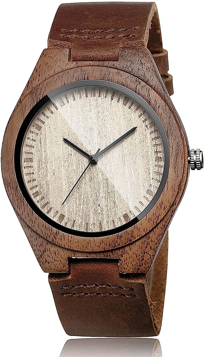 CUCOL Men's Walnut Wood Cowhide Leather Strap Watch Wooden Case Analog Quartz Wristwatch Fathers Day Gifts for Dad Men Him