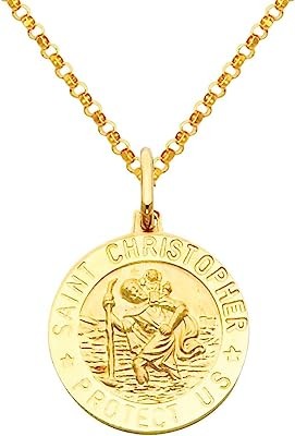 14k Yellow Gold Religious Saint Christopher Medal Pendant with 1.6mm Cable Chain Necklace