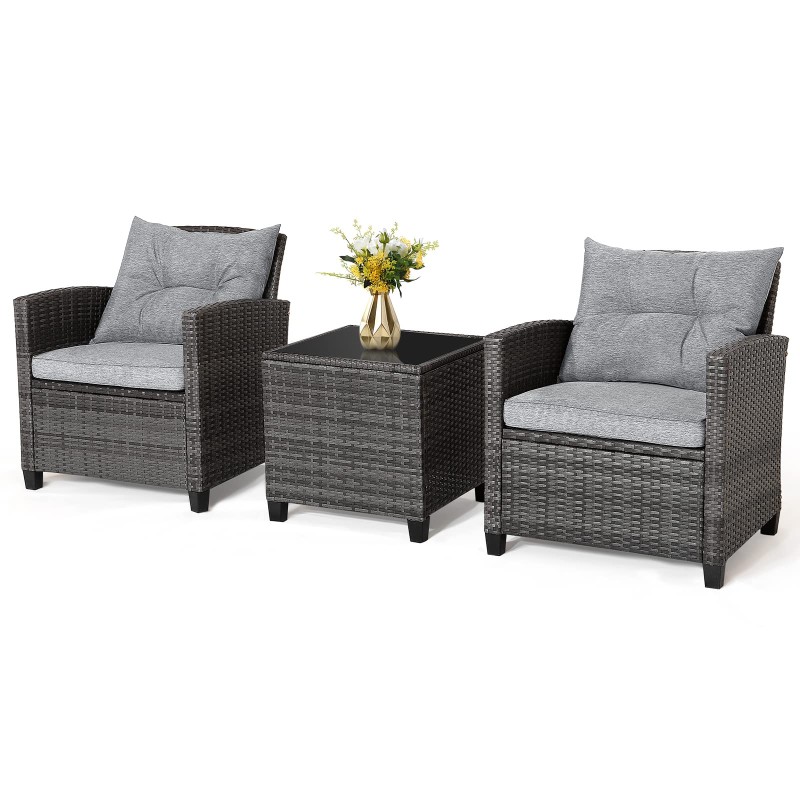 RELAX4LIFE Wicker Patio Furniture Sets - 3 Pieces Patio Rattan Sofa Set, Outdoor Conversation Set with Tempered Glass Tabletop, Heavy-Duty Steel Frame, Wicker Chair Set for Poolside, Backyard, Grey