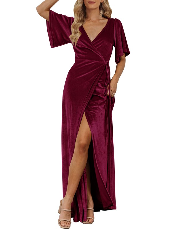 Women's V Neck Wrap Velvet Maxi Dress Bell Sleeve Split Bridesmaid Cocktail Party Dresses