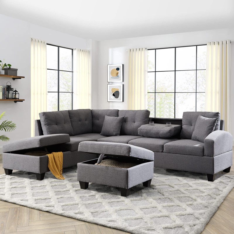 FCNEHLM Sectional Couches for Living Room, L Shaped Sectional Sofa with Storage Chaise, Ottoman and Cup Holders, 3-Piece Fabric Living Room Furniture Sets Couch, Suitable for Living Room, Apartment