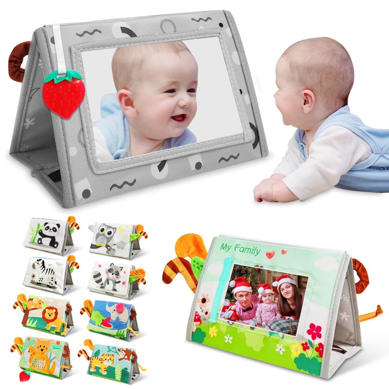 Tummy Time Baby Toys 0-3-6-12 Months Old,Newborn,Infant Mirror Brain Development Visual Stimulation Toys with Teether,Picture Frame for Boys/Girls,Educational Montessori Sensory Crinkle Soft Books