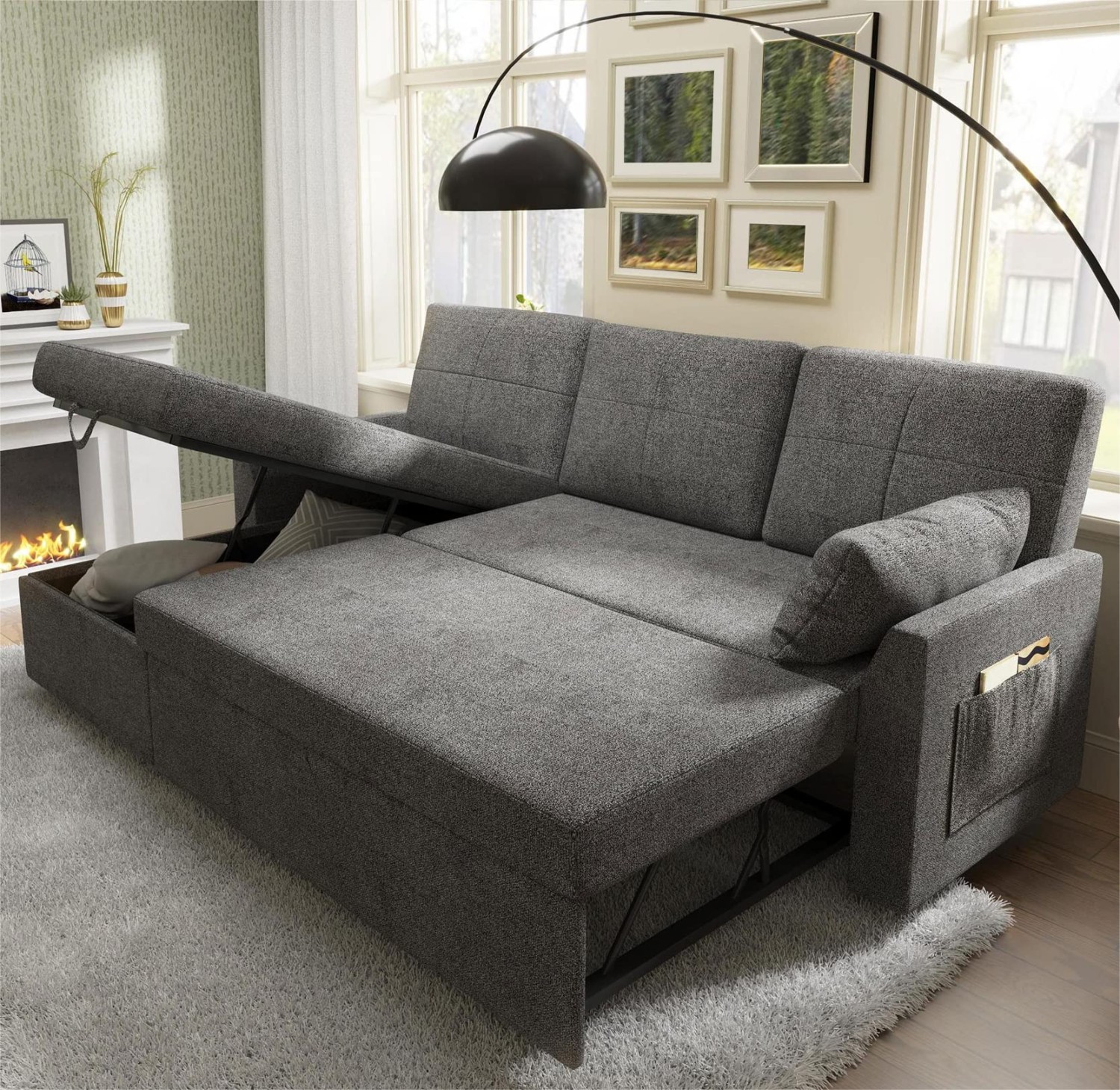 PaPaJet Sleeper Sofa Couch A, 2 in 1 Sofa Bed with Storage Chaise-Pull Out Couch Bed for Living Room, Sleeper Couch with Pull Out Bed Gray