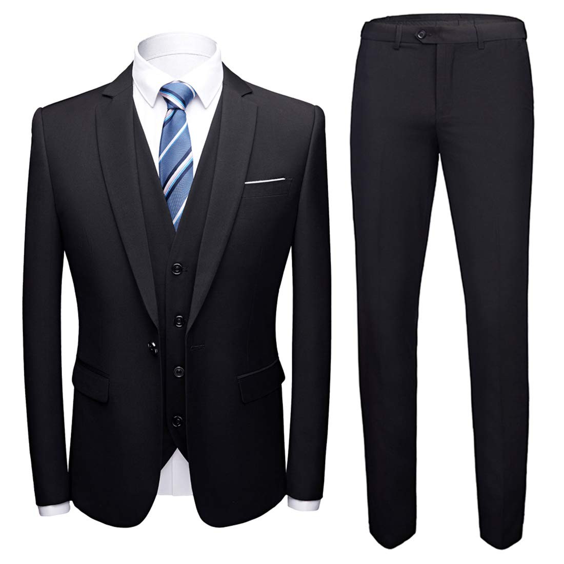 MY'S Men's 3 Piece Slim Fit Suit, One Button Jacket Blazer Vest Pants Set and Tie