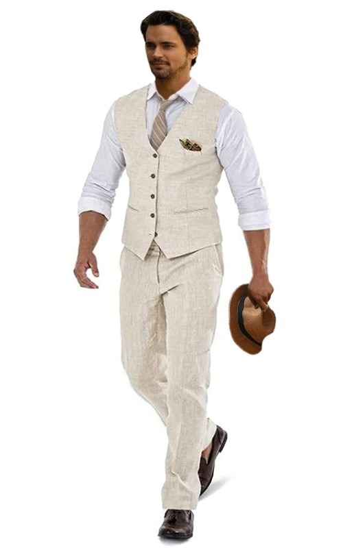 Linen Suits for Men Casual Wedding Suits Men 2 Piece Suits Groomsmen Tuxedos Summer Beach Prom Vest and Pants Se