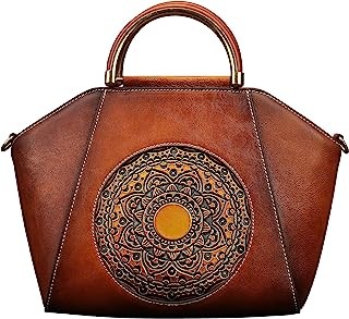 Women Genuine Leather Handbags, Organizer Retro Vegetable Tanning leather Satchel Vintage Embossing Totem Shoulder Bag