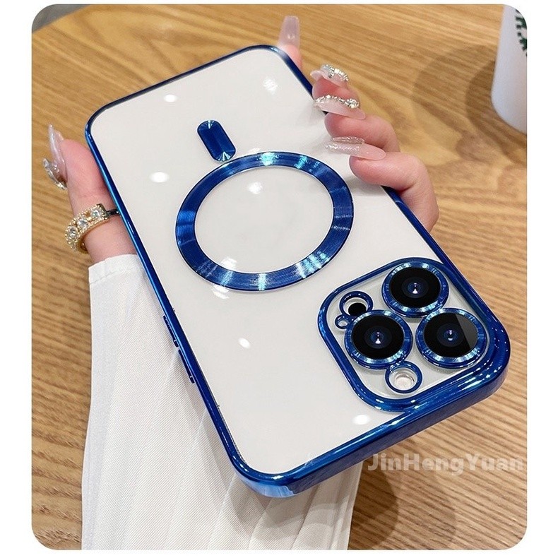 Luxury Transparent Magnetic Case for IPhone 14 Plus 13 12 11 Pro Max Clear Plating Silicone Cover with Lens Film Protection