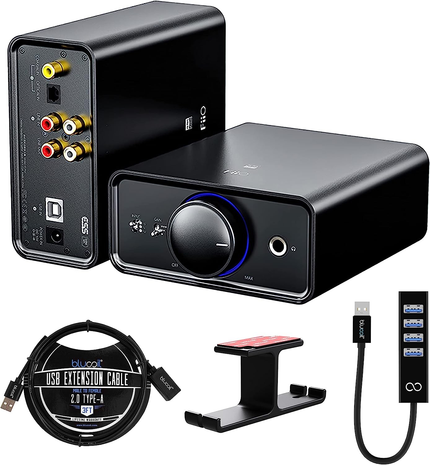 FiiO K5 Pro ESS Amplifier Headphone Amps Stereo High Resolution Portable Desktop DAC 768K/32Bit and Native DSD512 Bundle with Blucoil USB-A Mini Hub, 3' USB Extension Cable and Aluminum He