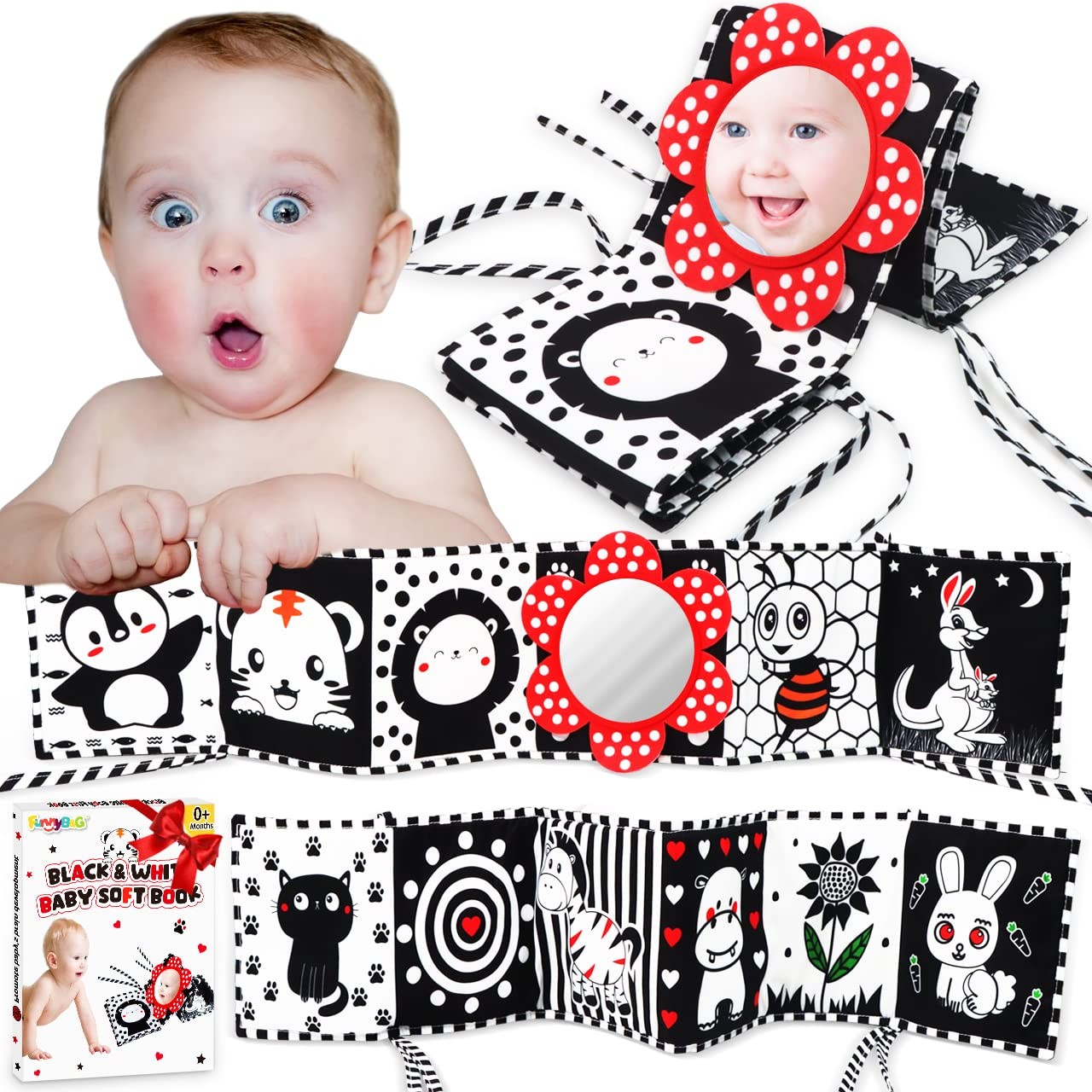 Black White Baby Soft Book - High Contrast Sensory Cloth Book Toy Infant Tummy Time Mirror Toys Folding Crinkle Book Baby Toy Newborn Toy for 0-12 Months Boys Girls Easter Christmas Birthday Baby Gift