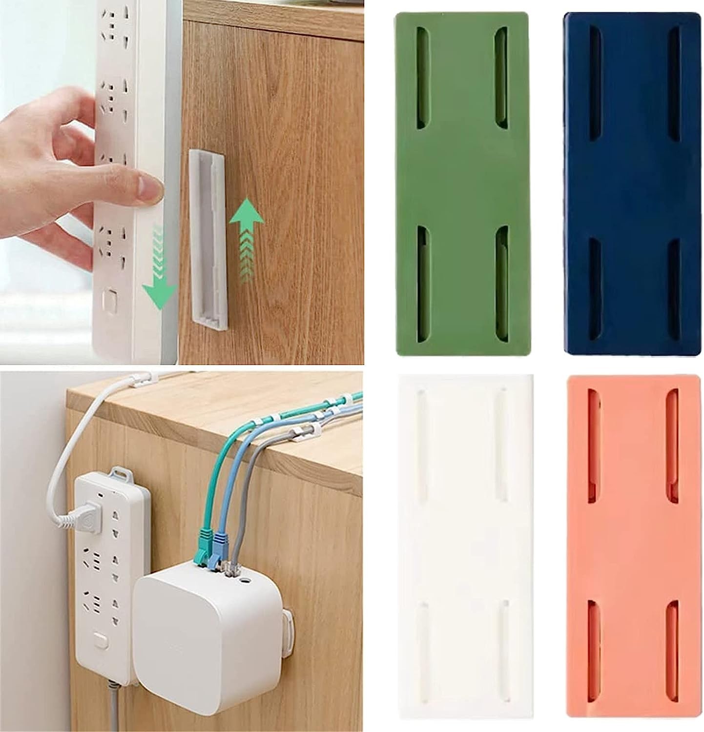 4 Pcs Self-Adhesive Desktop Socket Fixer, Adhesive Punch F Ree Socket Holder Cable Management Punch F Ree Surge Protector, Desktop M ountable Plug-in Socket Fixer Bracket Stand (Dark Blue, One