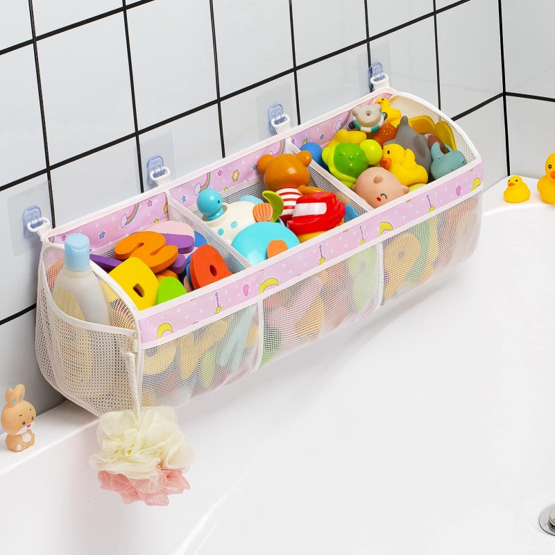 Austion Original Multi-Section Baby Bath Toy Storage for Sorting Bath tub Toys, Space Saving Bath Toy Organizer for Bathtub, Suitable for Storing Large Numbers of Bath Toys for Girls Ages 4-8.（Pink）