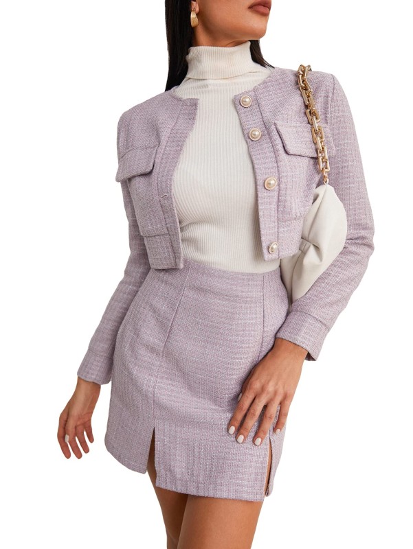 Women's 2 Piece Outfits Plaid Tweed Blazer Long Sleeve Jacket and Skirt Set