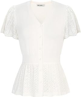 Women V-Neck Button Sweater Tops Ruffle Short Sleeve Lightweight Business Casual Shirt Trendy Summer Tops