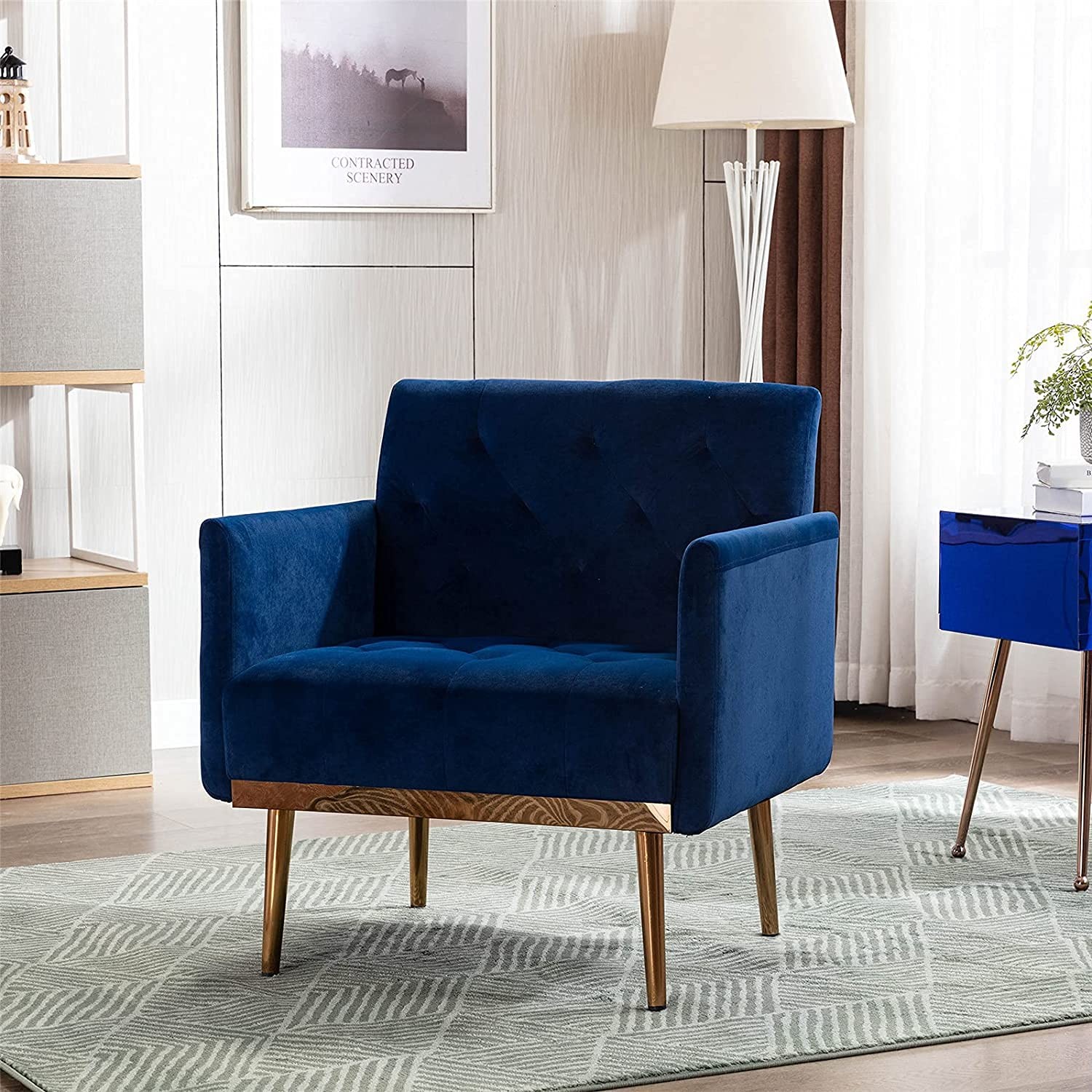 Velvet Single Sofa Chair, Lounge Armchair, Comfy Reading Chair, Mid -Century Accent Chair with Rose Golden Metal Legs, for Living Room Bedroom (Blue)
