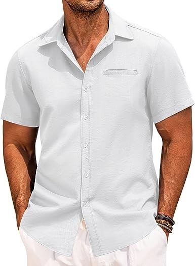 COOFANDY Mens Casual Linen Shirt Short Sleeve Button Down Shirt Summer Beach Hawaiian Shirts