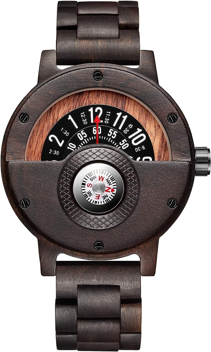 GORBEN Compass Turntable Men's Wooden Watch Lightweight Handmade Wood Watches Men Quartz Sports Watch