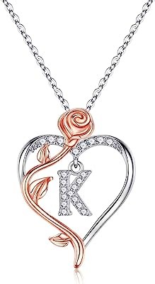 Rose Heart Initial Necklaces Gifts for Women Teen Girls, Rose Love Heart Letter Pendant Necklace Jewelry Mothers Day Valentines Anniversary Birthday Gifts for Her Women Wife Girlfriend Mom