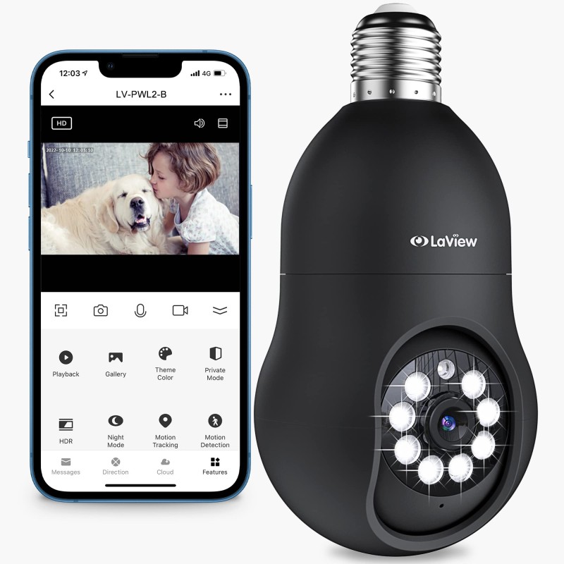 LaView 4MP Bulb Security Camera 2.4GHz, 360° 2K Security Cameras Wireless Outdoor Indoor Full Color Day and Night, Motion Detection, Audible Alarm, Easy Installation, Compatible with Alexa（Black）