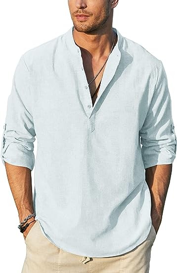 Visit the JINIDU Store JINIDU Men's Cotton Linen Henley Shirts Long Sleeve Casual Beach Hippie T Shirt