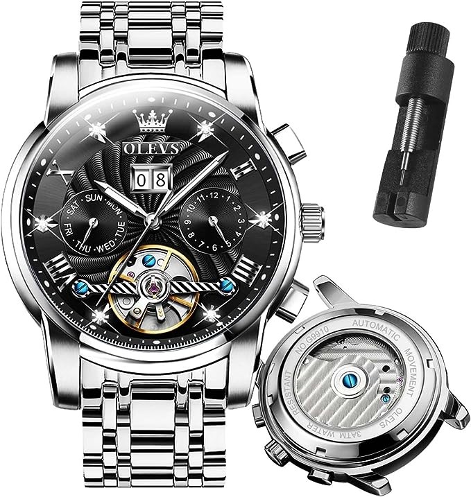 OLEVS Automatic Watch for Men Skeleton Self Winding Mechanical Tourbillon Classic Diamond Dial with Date-Day-Month Stainless Steel Men's Waterproof Luminous Wrist Watches（Green/Blue/Gold/Black）