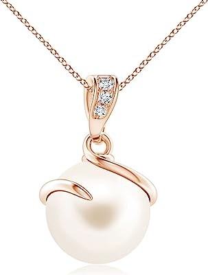 Natural Fresh Water Pearl Pendant Necklace with Diamonds in Sterling Silver/14K Solid Gold for Women, Girls with 18" Chain | June Birthstone Jewelry Gift for Her | Anniversary | Engagement